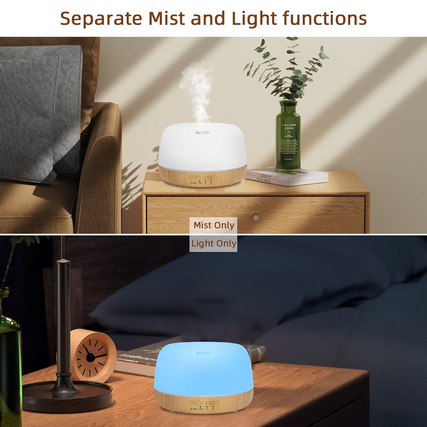 Essential Oils Aromatherapy Diffuser Mist Ultrasonic Vaporizer, 7 Colors Light ,Cool Mist Air Humidifiers for Large Room Home Bedroom Baby Office Car, with Remote Control ,300Ml（White）