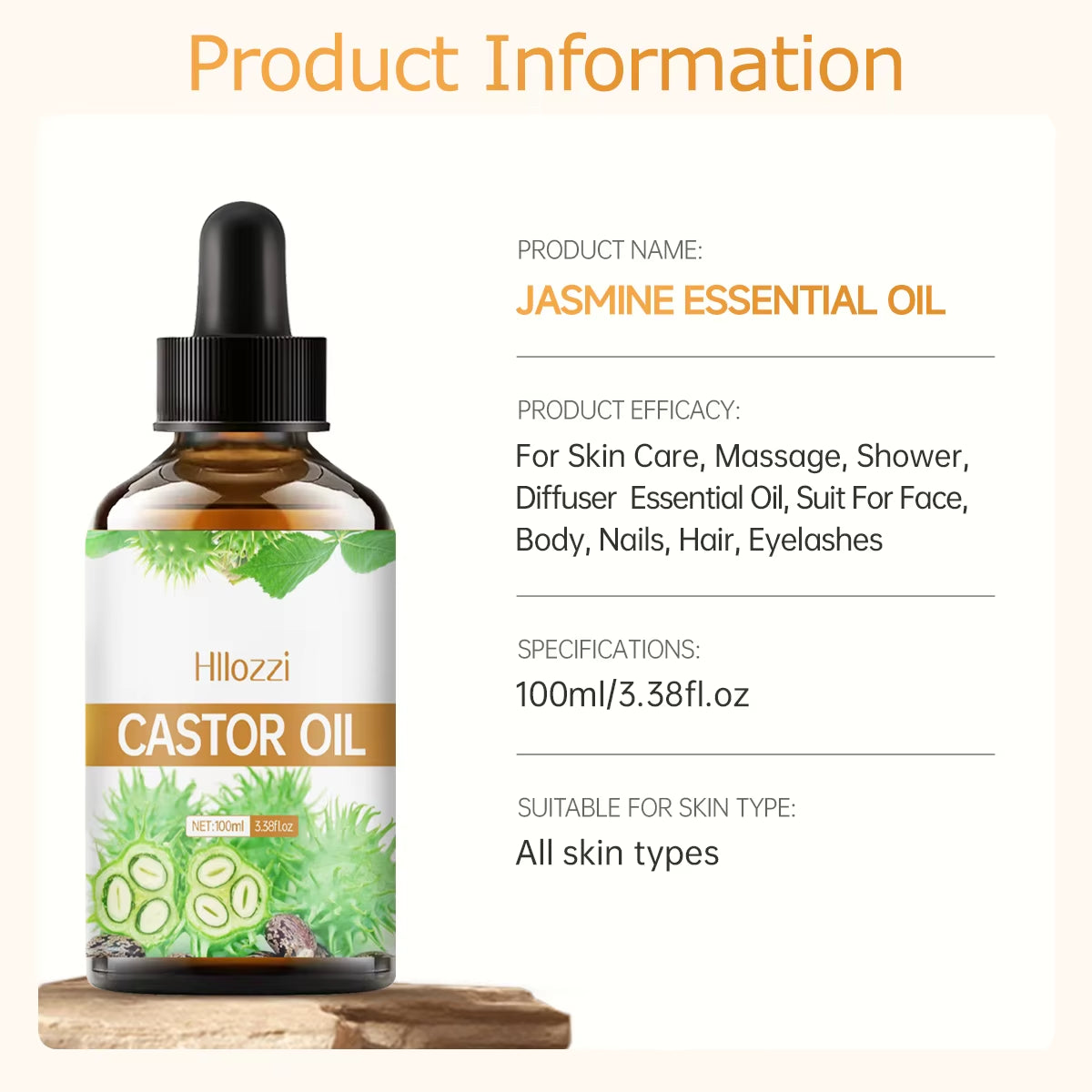 Castor Essential Oil, for Dry Hair, Eyelashes and Eyebrows, Oil Cold Pressed Unrefined, Essential Oil for Skin and Nail Care