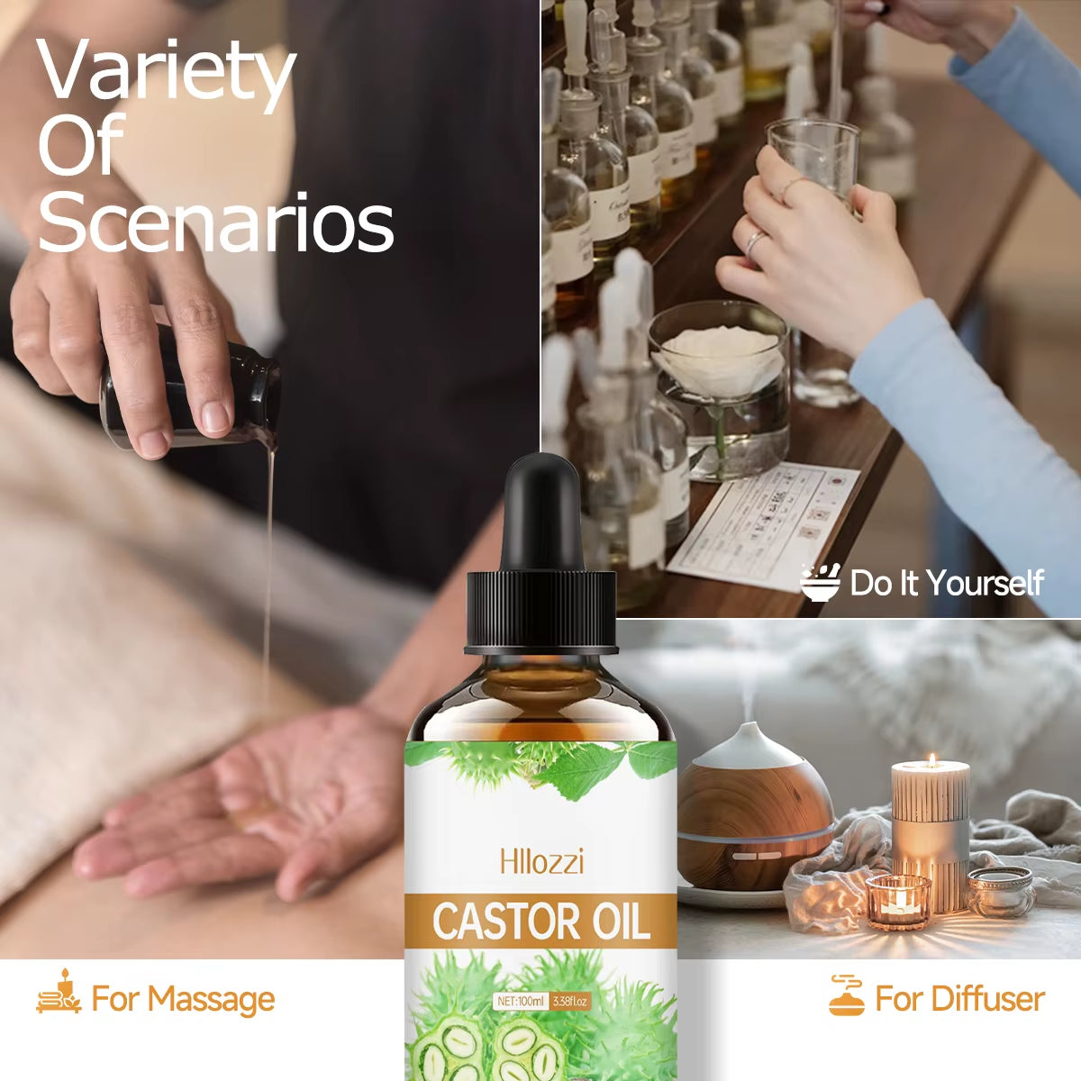 Castor Essential Oil, for Dry Hair, Eyelashes and Eyebrows, Oil Cold Pressed Unrefined, Essential Oil for Skin and Nail Care