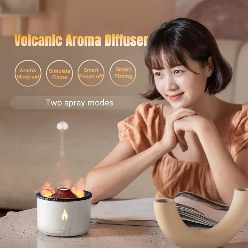 Office Home Desktop Air Humidifier Electric Aroma Essential Oil Diffuser with Flame Lamp Volcano Eruption Fragrance Machine