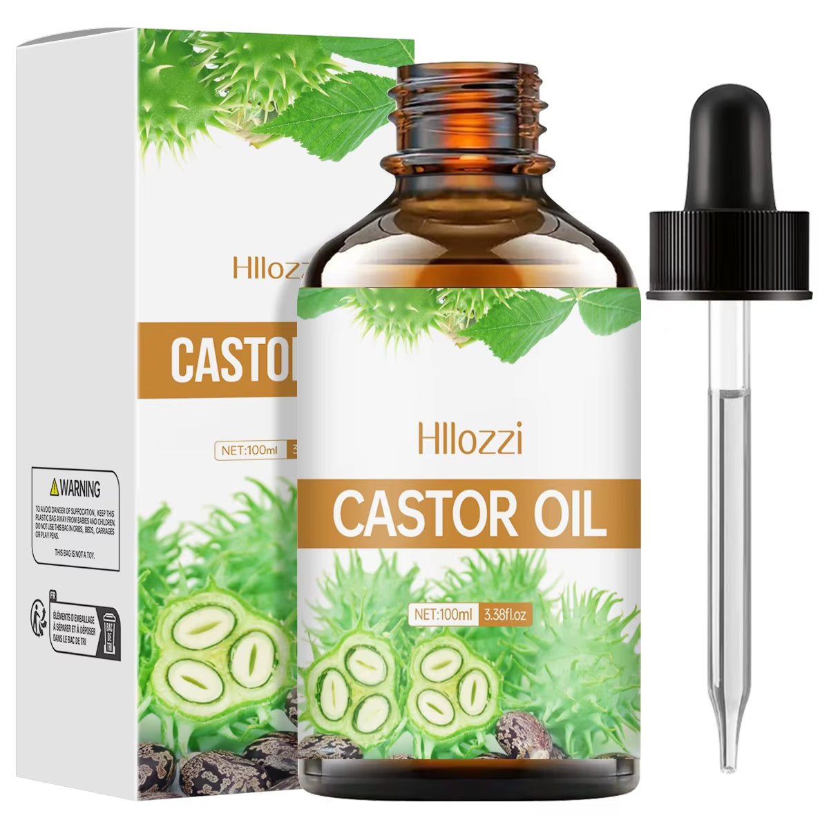 Castor Essential Oil, for Dry Hair, Eyelashes and Eyebrows, Oil Cold Pressed Unrefined, Essential Oil for Skin and Nail Care
