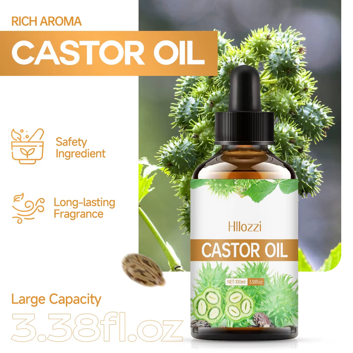 Castor Essential Oil, for Dry Hair, Eyelashes and Eyebrows, Oil Cold Pressed Unrefined, Essential Oil for Skin and Nail Care
