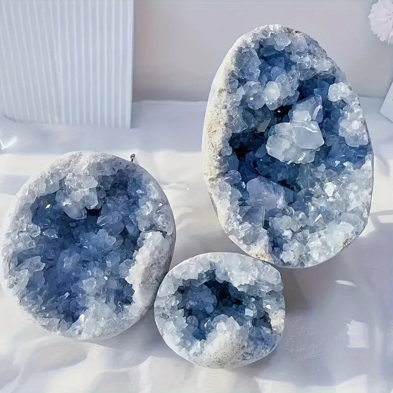 Natural Celestite Crystal Cluster Egg Hand Carved Healing Stone Spiritual Meditation Collection Mineral Specimen Unique Gift