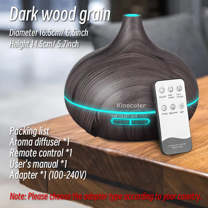 High Quality 500Ml Aromatherapy Essential Oil Diffuser Wood Grain Remote Control Ultrasonic Air Humidifier with 7 Colors Light