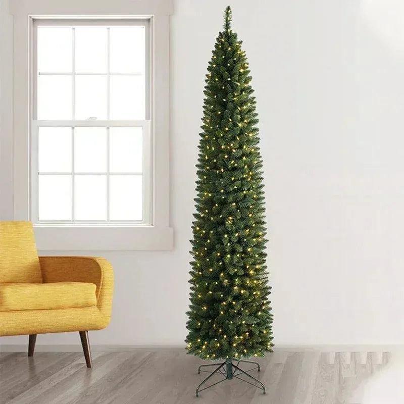 Artificial PVC Christmas Tree with Led Lights Green Pointed Thin Long Pen Pole Indoor and Outdoor Supplies New 150CM to 210CM