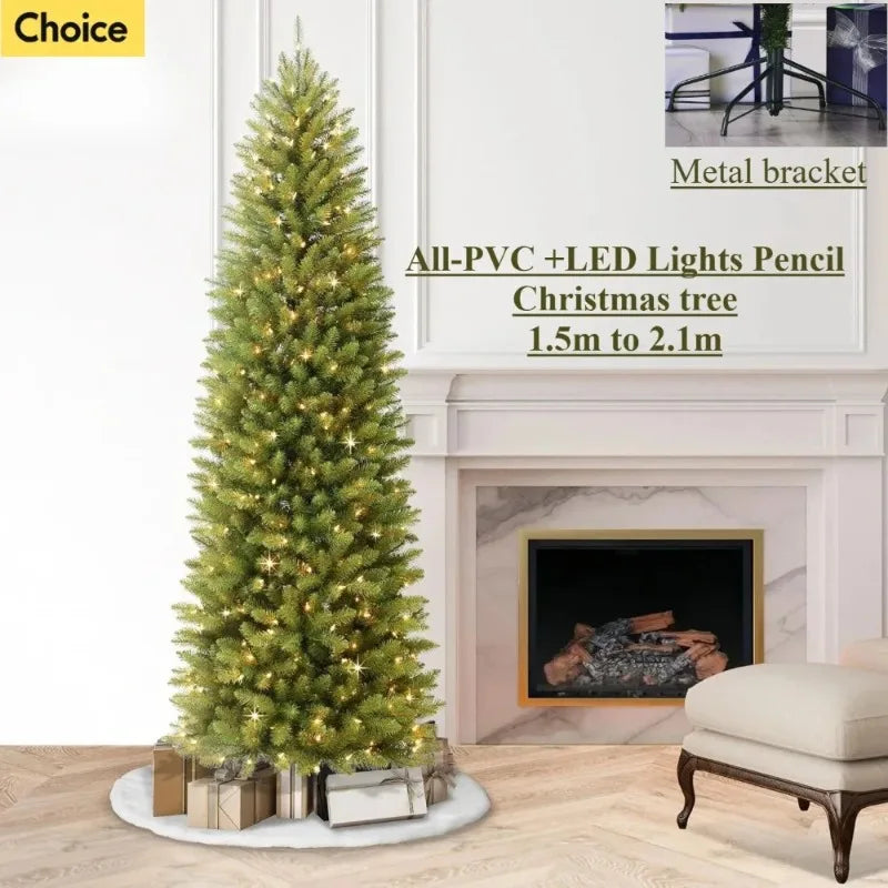 Artificial PVC Christmas Tree with Led Lights Green Pointed Thin Long Pen Pole Indoor and Outdoor Supplies New 150CM to 210CM