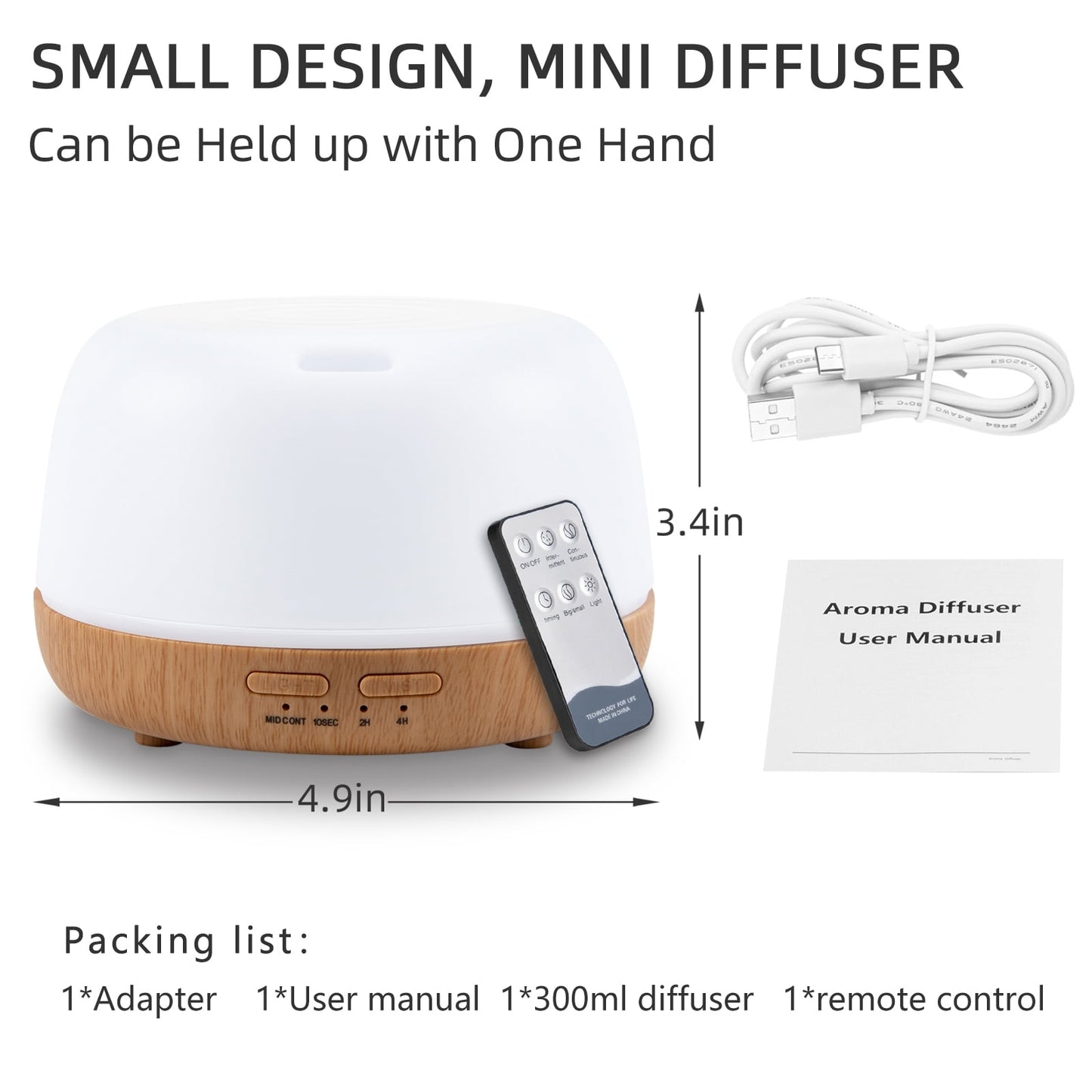 Essential Oils Aromatherapy Diffuser Mist Ultrasonic Vaporizer, 7 Colors Light ,Cool Mist Air Humidifiers for Large Room Home Bedroom Baby Office Car, with Remote Control ,300Ml（White）