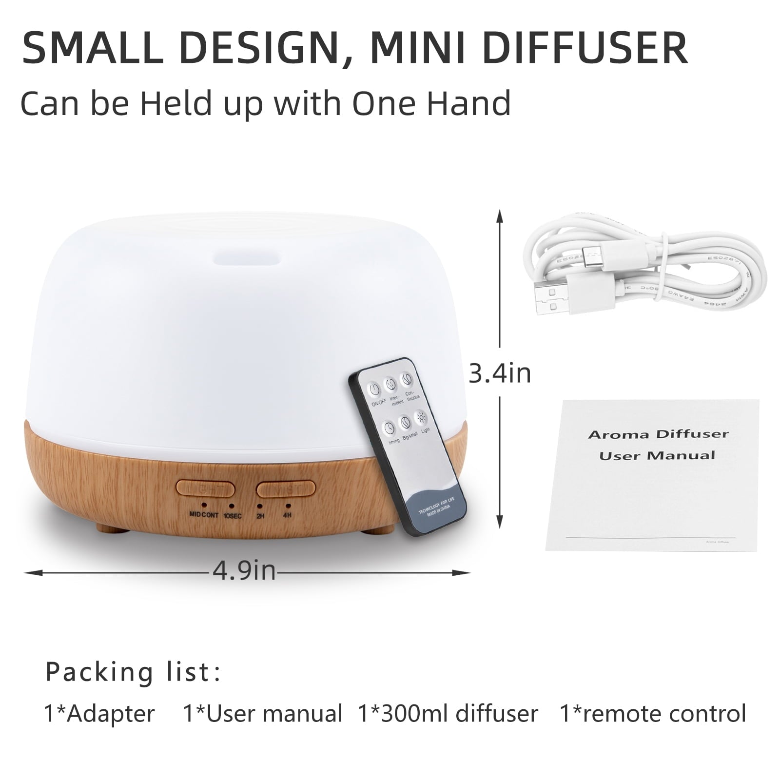 Essential Oils Aromatherapy Diffuser Mist Ultrasonic Vaporizer, 7 Colors Light ,Cool Mist Air Humidifiers for Large Room Home Bedroom Baby Office Car, with Remote Control ,300Ml（White）