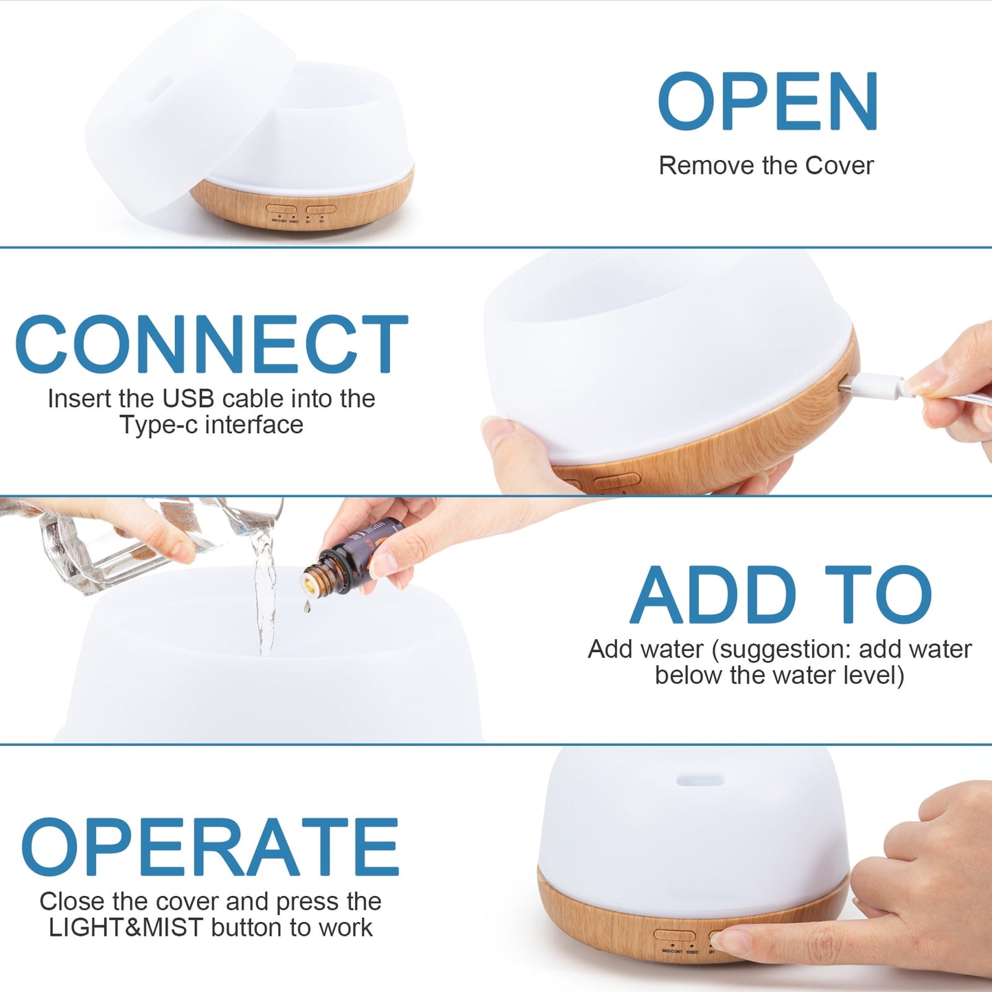 Essential Oils Aromatherapy Diffuser Mist Ultrasonic Vaporizer, 7 Colors Light ,Cool Mist Air Humidifiers for Large Room Home Bedroom Baby Office Car, with Remote Control ,300Ml（White）